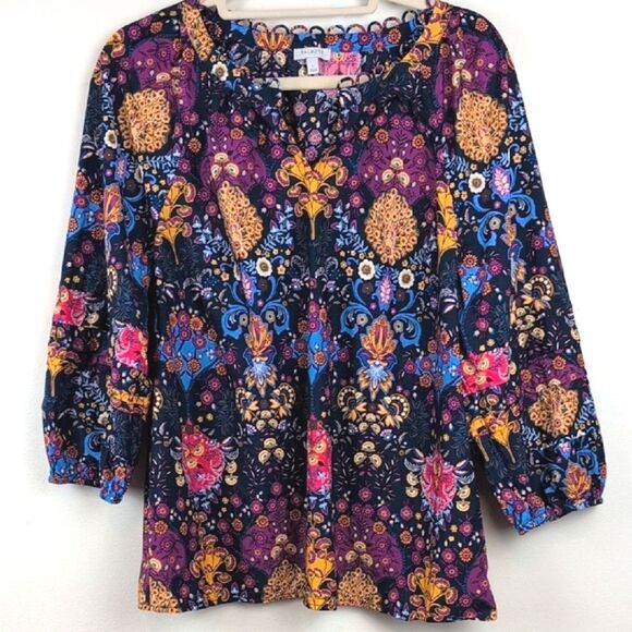 Talbot's Pleated Sleeve Poplin Blouse Top In Floral Medallion Size L - Picture 10 of 10